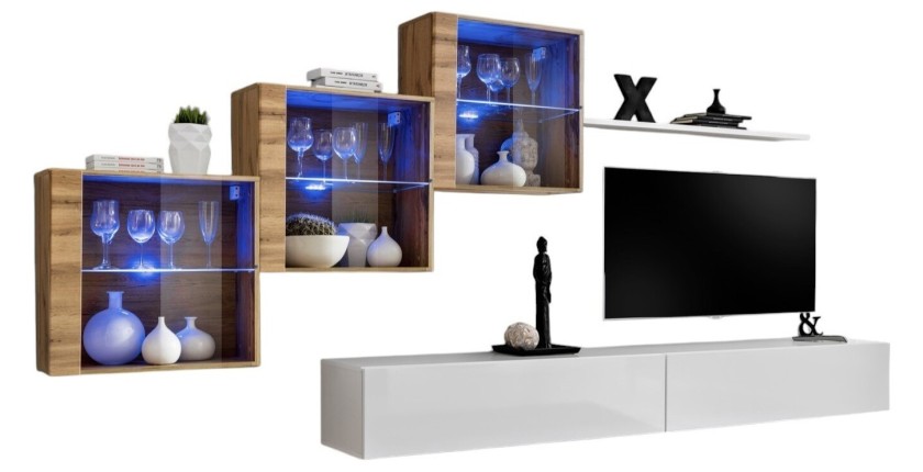 Ensemble meubles de salon SWITCH XX design, coloris blanc brillant et chêne Wotan.