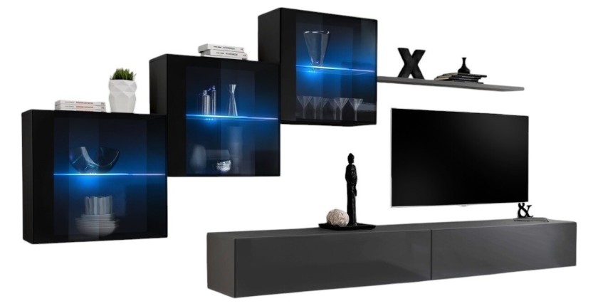 Ensemble meubles de salon SWITCH XX design, coloris gris et noir brillant.