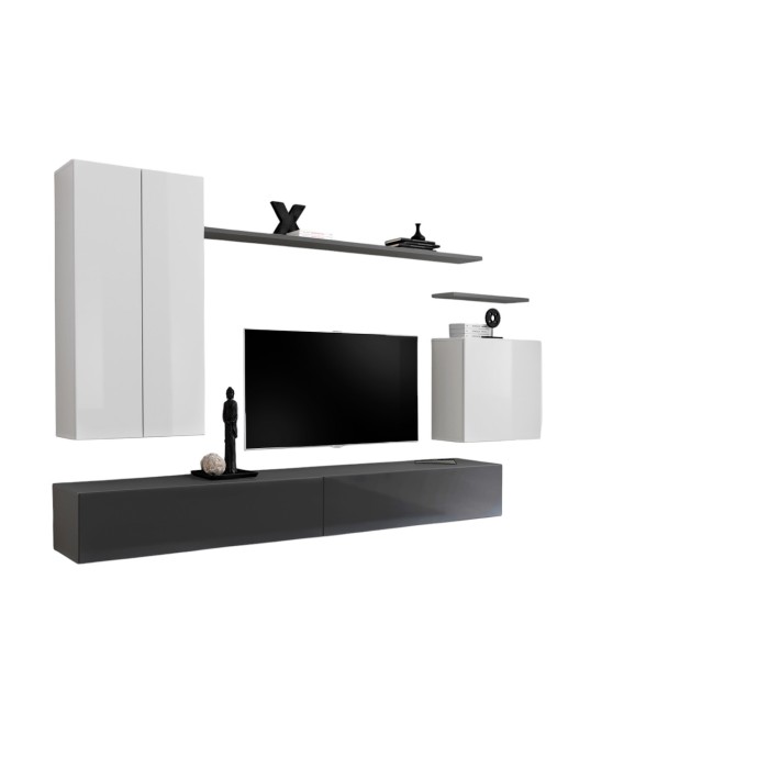 Ensemble meuble salon SWITCH II design, coloris blanc et gris brillant.