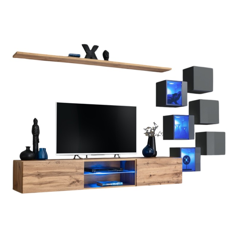 Ensemble meubles de salon SWITCH XXI design, coloris chêne et gris.