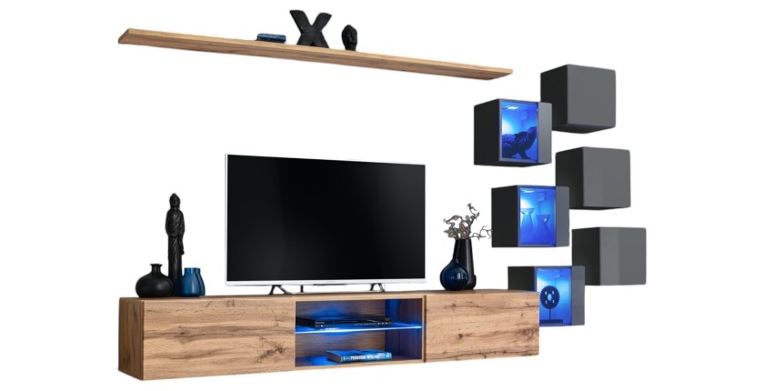 Ensemble meubles de salon SWITCH XXI design, coloris chêne et gris.