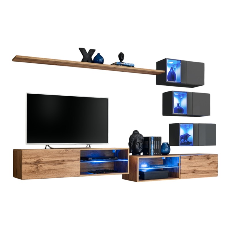 Ensemble meubles de salon SWITCH XXIV design, coloris chêne et gris.