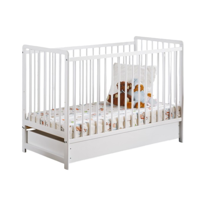 Lit bébé évolutif avec tiroir et matelas collection LUTIN réglable en hauteur. Coloris blanc mat.
