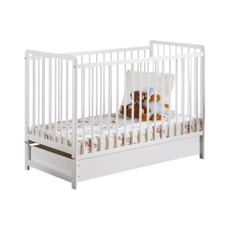 Lit bébé évolutif avec tiroir et matelas collection LUTIN réglable en hauteur. Coloris blanc mat.