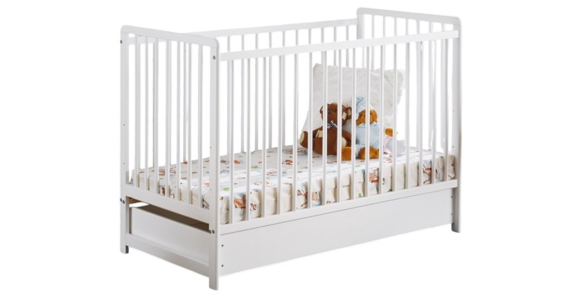 Lit bébé évolutif avec tiroir et matelas collection LUTIN réglable en hauteur. Coloris blanc mat.