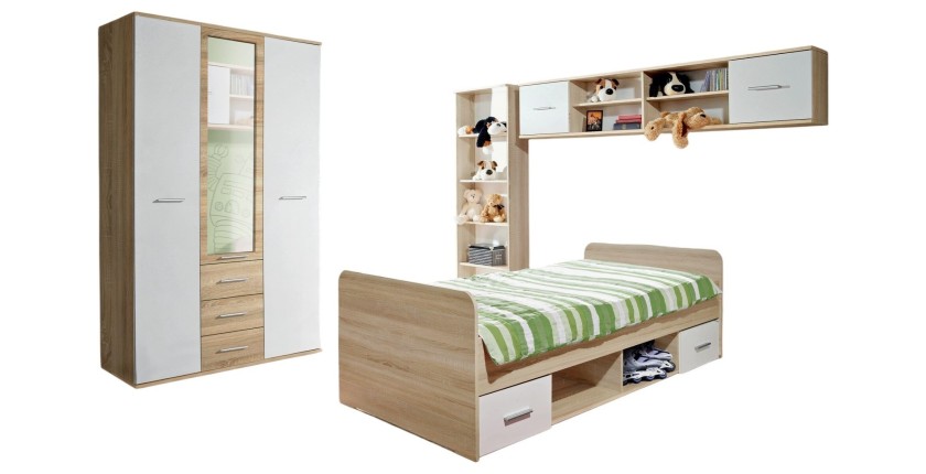 Chambre complète enfant, ado collection DENVER. Armoire 3 portes, Lit, bibliothèque et étagère