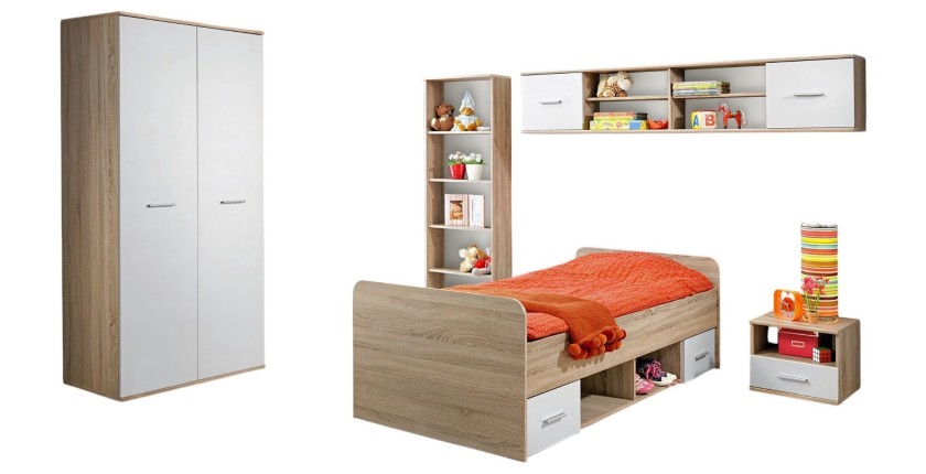 Chambre complète enfant, ado collection DENVER. Armoire, Lit, bibliothèque, chevet et étagère