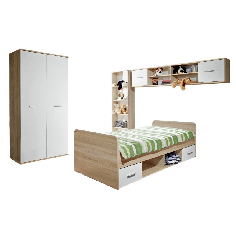Chambre complète enfant, ado - DENVER - Armoire, Lit, bibliothèque et étagère
