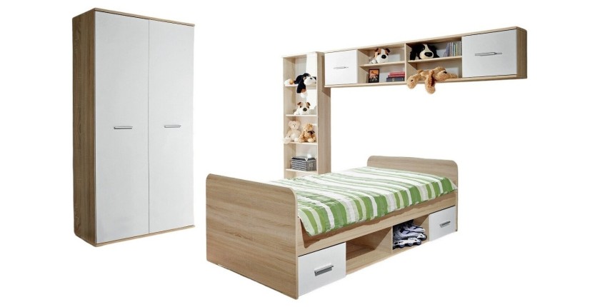Chambre complète enfant, ado - DENVER - Armoire, Lit, bibliothèque et étagère