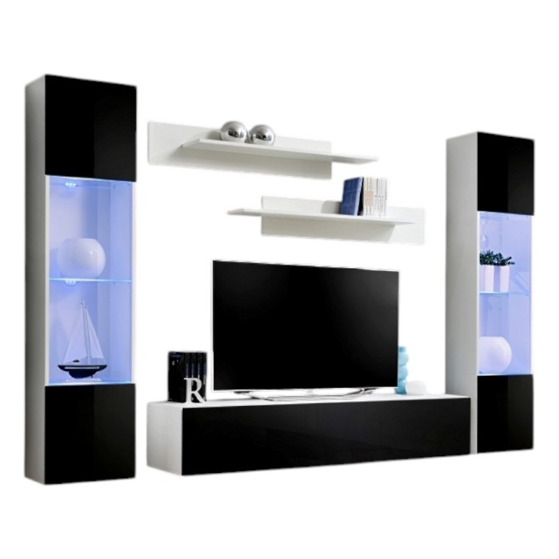 Meuble TV FLY A1 design, coloris blanc et noir brillant. Meuble suspendu moderne et tendance pour votre salon.