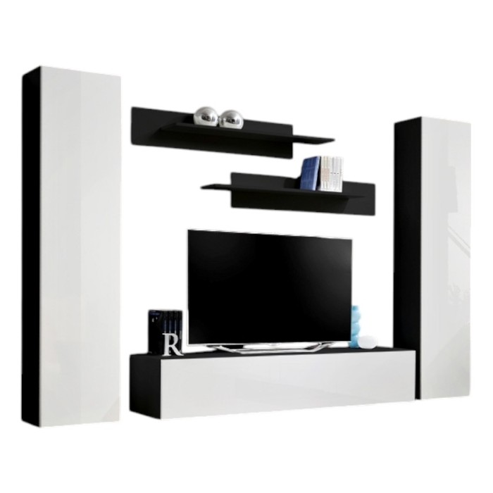 Meuble TV FLY A1 design, coloris noir et blanc brillant. Meuble suspendu moderne et tendance pour votre salon.