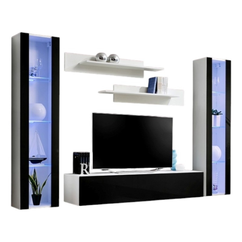 Meuble TV FLY A2 design, coloris blanc et noir brillant + LED. Meuble suspendu moderne et tendance pour votre salon.