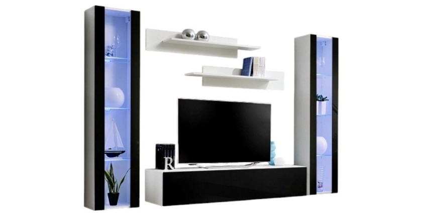 Meuble TV FLY A2 design, coloris blanc et noir brillant + LED. Meuble suspendu moderne et tendance pour votre salon.