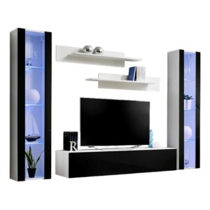 Meuble TV FLY A2 design, coloris blanc et noir brillant + LED. Meuble suspendu moderne et tendance pour votre salon.