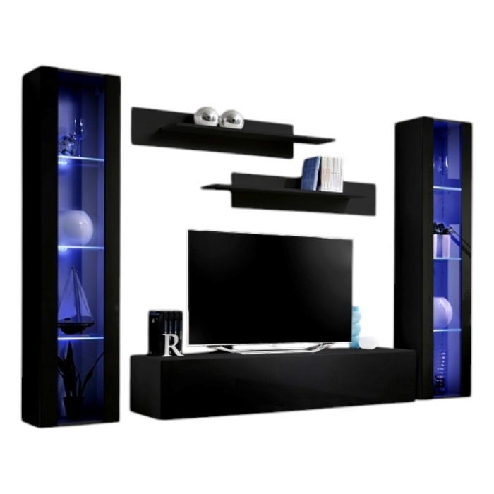 Meuble TV FLY A2 design, coloris noir brillant + LED. Meuble suspendu moderne et tendance pour votre salon.