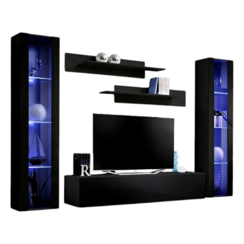 Meuble TV FLY A2 design, coloris noir brillant + LED. Meuble suspendu moderne et tendance pour votre salon.