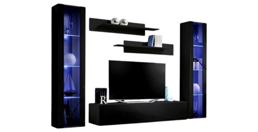 Meuble TV FLY A2 design, coloris noir brillant + LED. Meuble suspendu moderne et tendance pour votre salon.