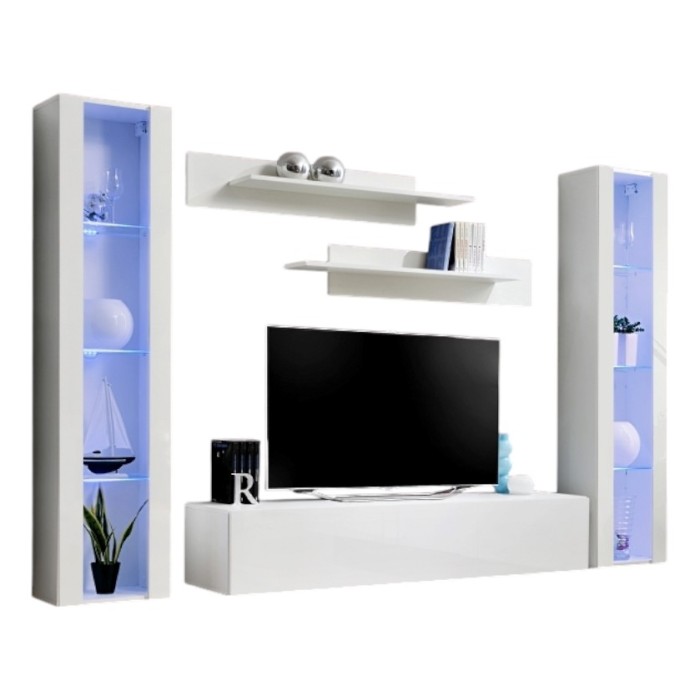 Meuble TV FLY A2 design, coloris blanc brillant + LED. Meuble suspendu moderne et tendance pour votre salon.