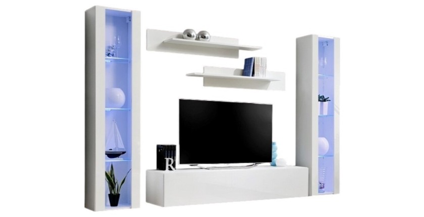 Meuble TV FLY A2 design, coloris blanc brillant + LED. Meuble suspendu moderne et tendance pour votre salon.