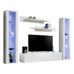 Meuble TV FLY A2 design, coloris blanc brillant + LED. Meuble suspendu moderne et tendance pour votre salon.