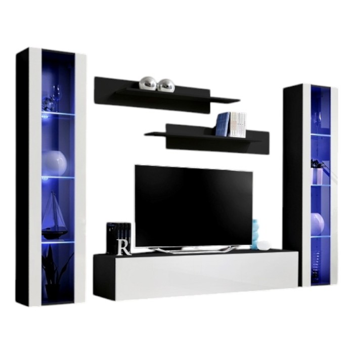 Meuble TV FLY A2 design, coloris noir et blanc brillant + LED. Meuble suspendu moderne et tendance pour votre salon.