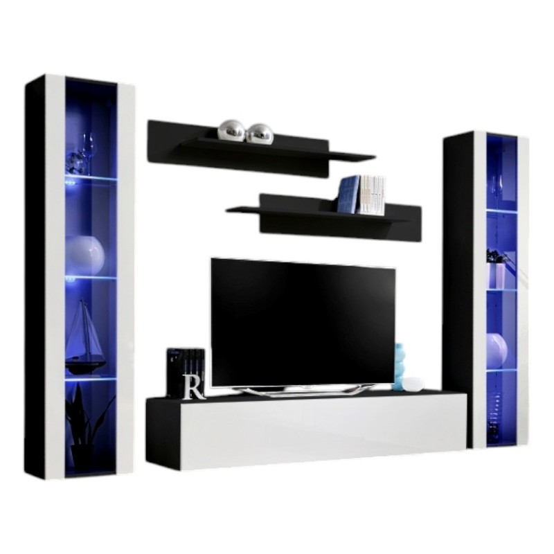 Meuble TV FLY A2 design, coloris noir et blanc brillant + LED. Meuble suspendu moderne et tendance pour votre salon.