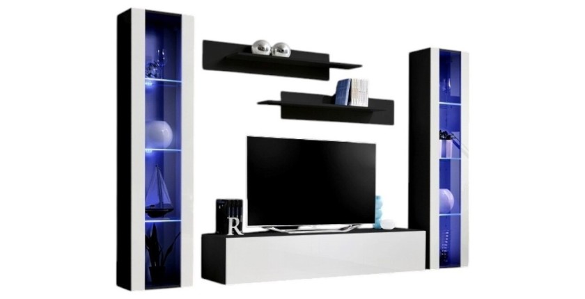 Meuble TV FLY A2 design, coloris noir et blanc brillant + LED. Meuble suspendu moderne et tendance pour votre salon.