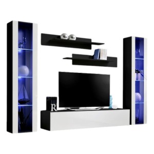 Meuble TV FLY A2 design, coloris noir et blanc brillant + LED. Meuble suspendu moderne et tendance pour votre salon.