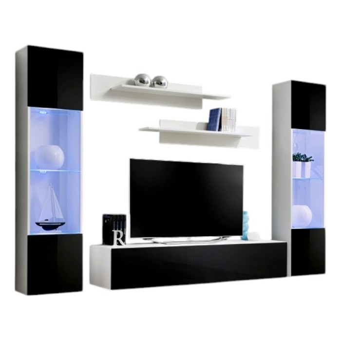 Meuble TV FLY A3 design, coloris blanc et noir brillant + LED. Meuble suspendu moderne et tendance pour votre salon.