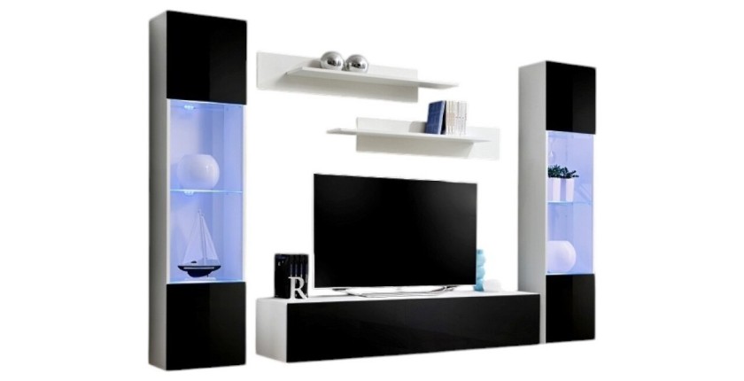 Meuble TV FLY A3 design, coloris blanc et noir brillant + LED. Meuble suspendu moderne et tendance pour votre salon.