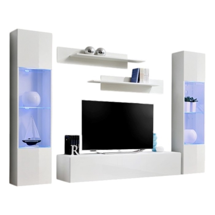 Meuble TV FLY A3 design, coloris blanc brillant + LED. Meuble suspendu moderne et tendance pour votre salon