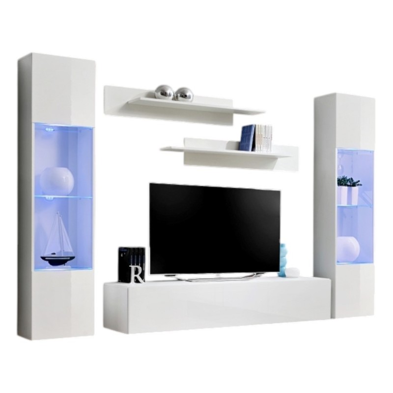 Meuble TV FLY A3 design, coloris blanc brillant + LED. Meuble suspendu moderne et tendance pour votre salon