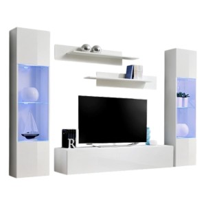 Meuble TV FLY A3 design, coloris blanc brillant + LED. Meuble suspendu moderne et tendance pour votre salon