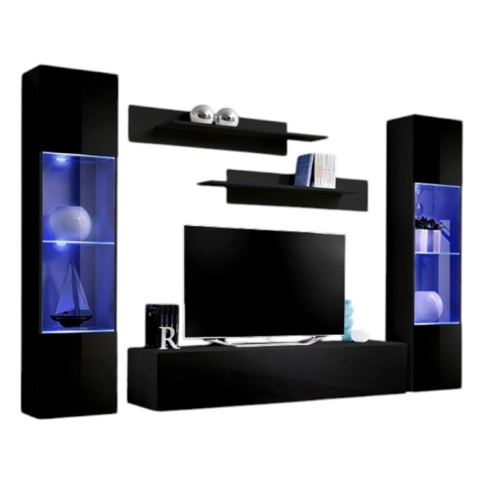 Meuble TV FLY A3 design, coloris noir brillant + LED. Meuble suspendu moderne et tendance pour votre salon.
