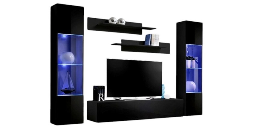 Meuble TV FLY A3 design, coloris noir brillant + LED. Meuble suspendu moderne et tendance pour votre salon.