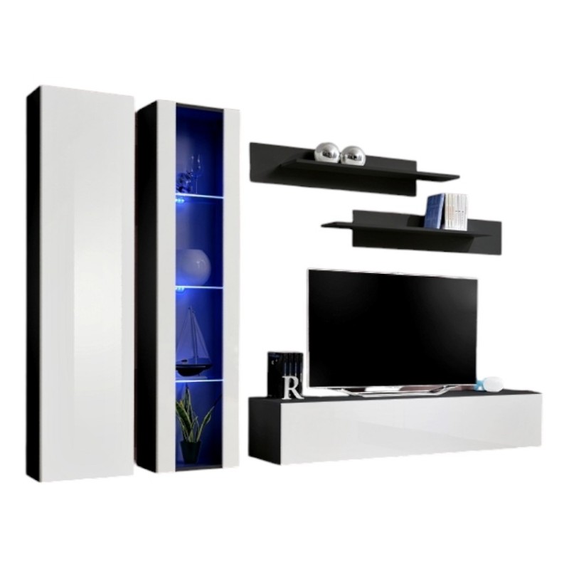 Meuble TV FLY A4 noir et blanc brillant avec LED, suspendu, design moderne pour salon