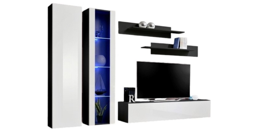 Meuble TV FLY A4 noir et blanc brillant avec LED, suspendu, design moderne pour salon