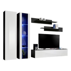Meuble TV FLY A4 noir et blanc brillant avec LED, suspendu, design moderne pour salon