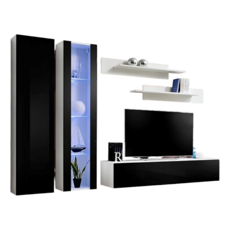 Meuble TV FLY A4 design, coloris blanc et noir brillant + LED. Meuble suspendu moderne et tendance pour votre salon