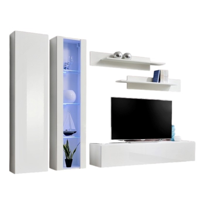 Meuble TV FLY A4 design, coloris blanc brillant + LED. Meuble suspendu moderne et tendance pour votre salon.