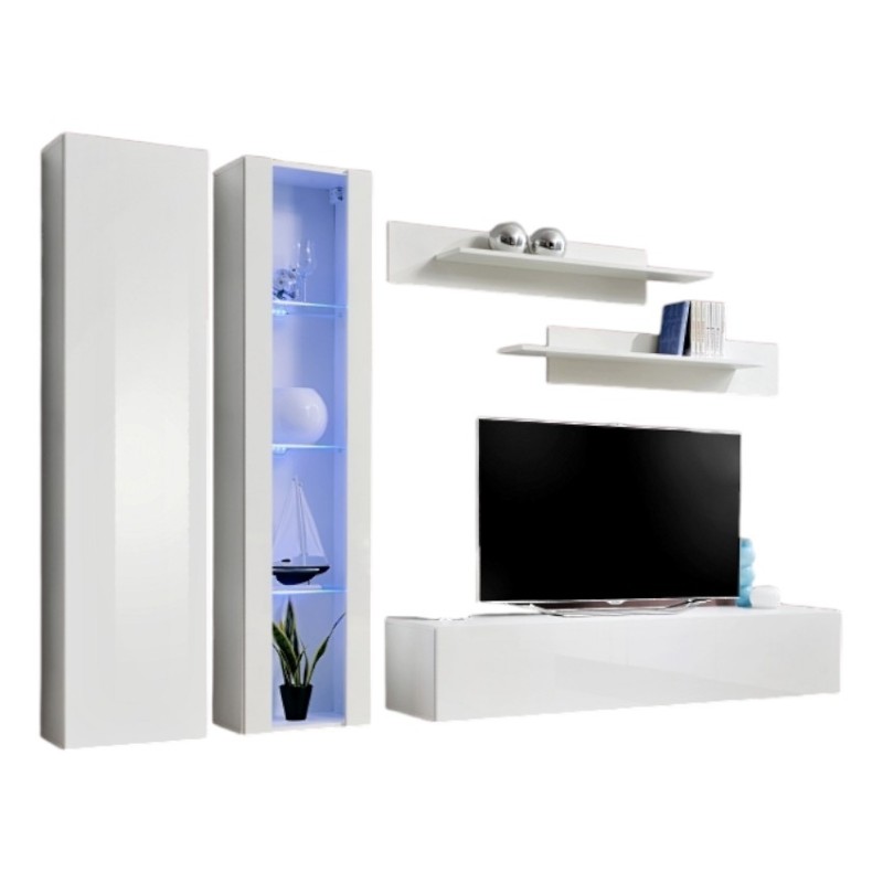 Meuble TV FLY A4 design, coloris blanc brillant + LED. Meuble suspendu moderne et tendance pour votre salon.