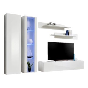 Meuble TV FLY A4 design, coloris blanc brillant + LED. Meuble suspendu moderne et tendance pour votre salon.