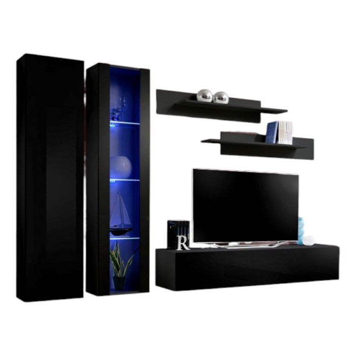 Meuble TV FLY A4 design, coloris noir brillant + LED. Meuble suspendu moderne et tendance pour votre salon