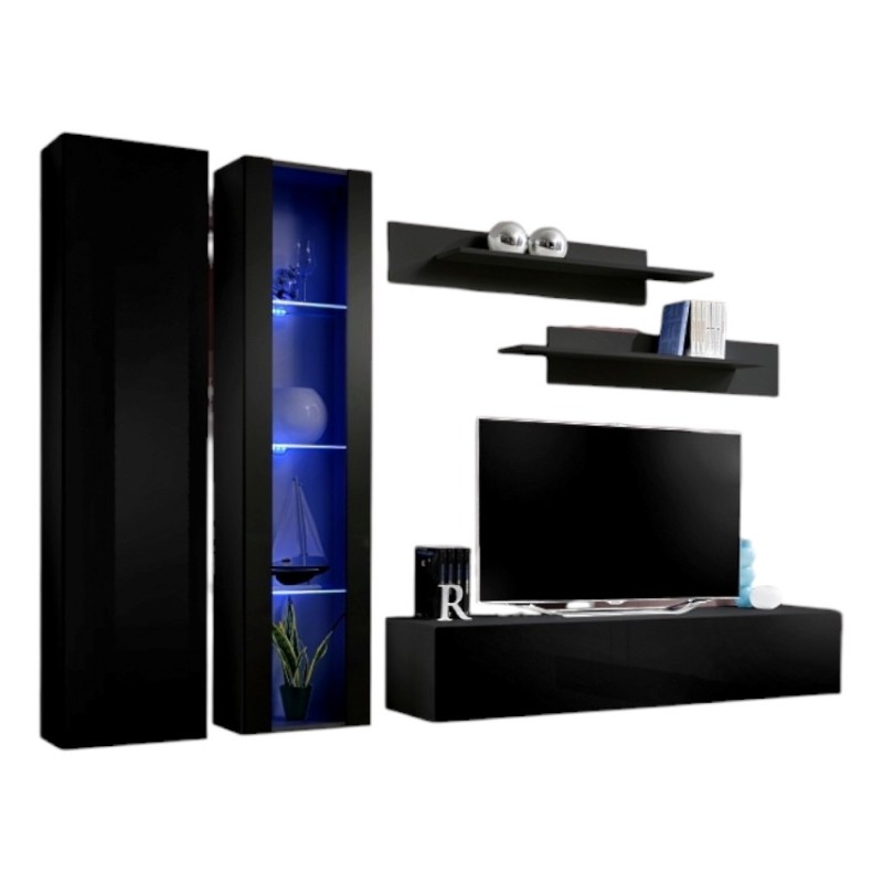 Meuble TV FLY A4 design, coloris noir brillant + LED. Meuble suspendu moderne et tendance pour votre salon