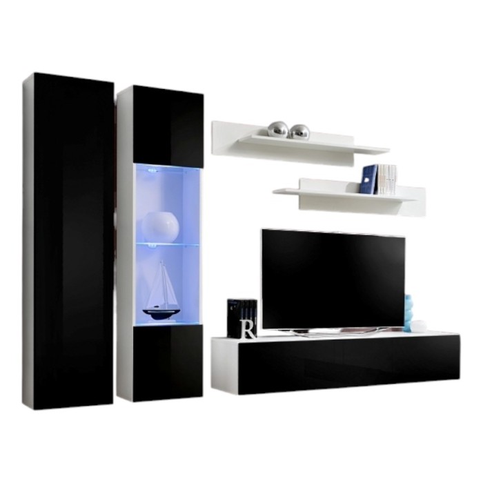 Ensemble meuble TV mural FLY-A noir et blanc avec LED