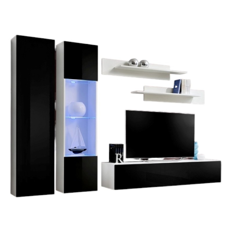 Ensemble meuble TV mural FLY-A noir et blanc avec LED