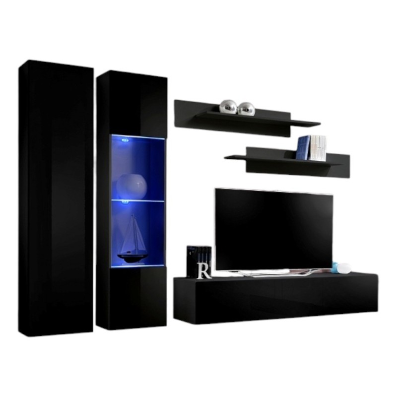 Meuble TV FLY A5 design, coloris noir brillant + LED. Meuble suspendu moderne et tendance pour votre salon.