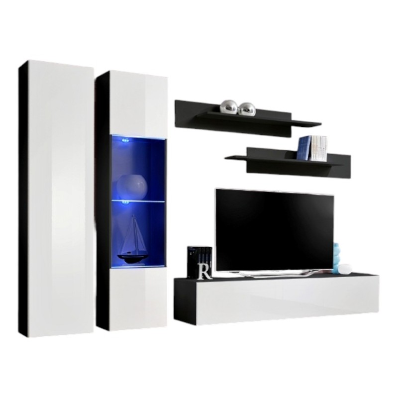 Meuble TV FLY A5 design, coloris noir et blanc brillant + LED. Meuble suspendu moderne et tendance pour votre salon.