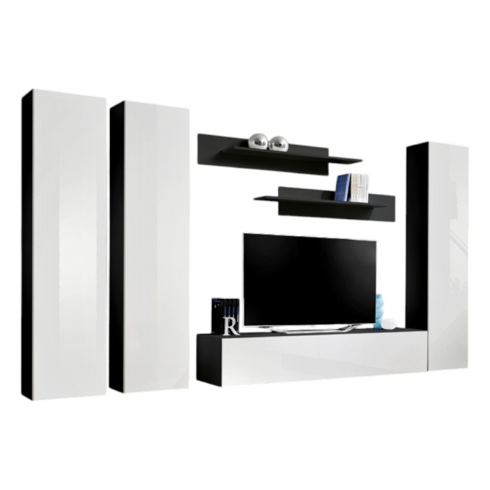 Meuble TV FLY C1 design, coloris noir et blanc brillant. Meuble suspendu moderne et tendance pour votre salon.