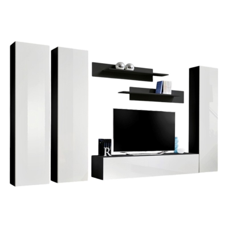 Meuble TV FLY C1 design, coloris noir et blanc brillant. Meuble suspendu moderne et tendance pour votre salon.